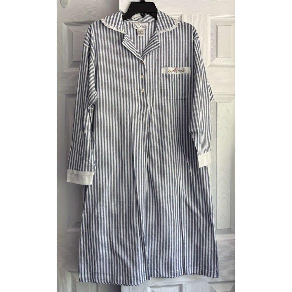 VTG Chance Encounters Blue Ticking Stripe 100% Cotton Nightgown Cottage Granny